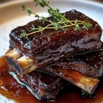 Delicious braised beef short ribs served with vegetables.