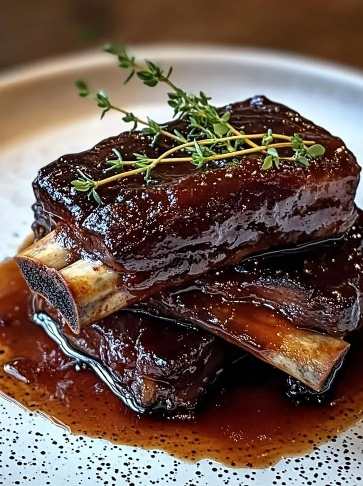 Delicious braised beef short ribs served with vegetables.