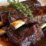 Plate of tender braised beef short ribs with savory sauce and garnished herbs.