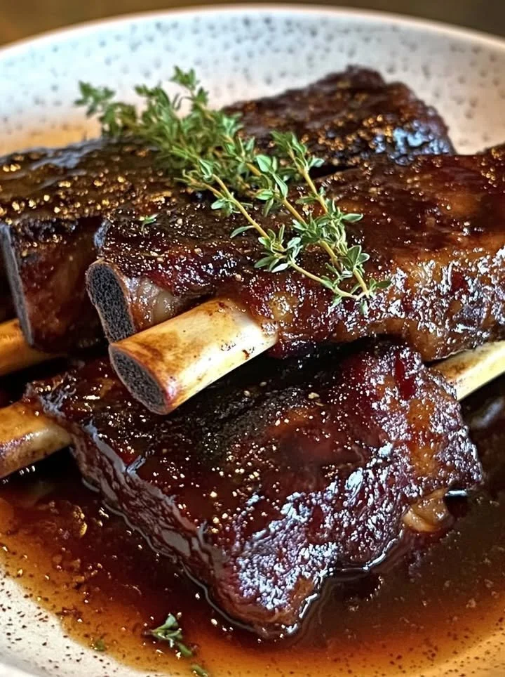 Plate of tender braised beef short ribs with savory sauce and garnished herbs.