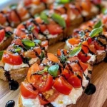 Delicious burrata bruschettas topped with fresh ingredients