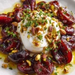 Burrata cheese with roasted plums, pistachios, and thyme on a plate.