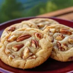 Delicious butter pecan cookies stacked on a plate, drizzled with caramel.