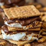 Delicious campfire s'mores with melted chocolate and toasted marshmallows on graham crackers.