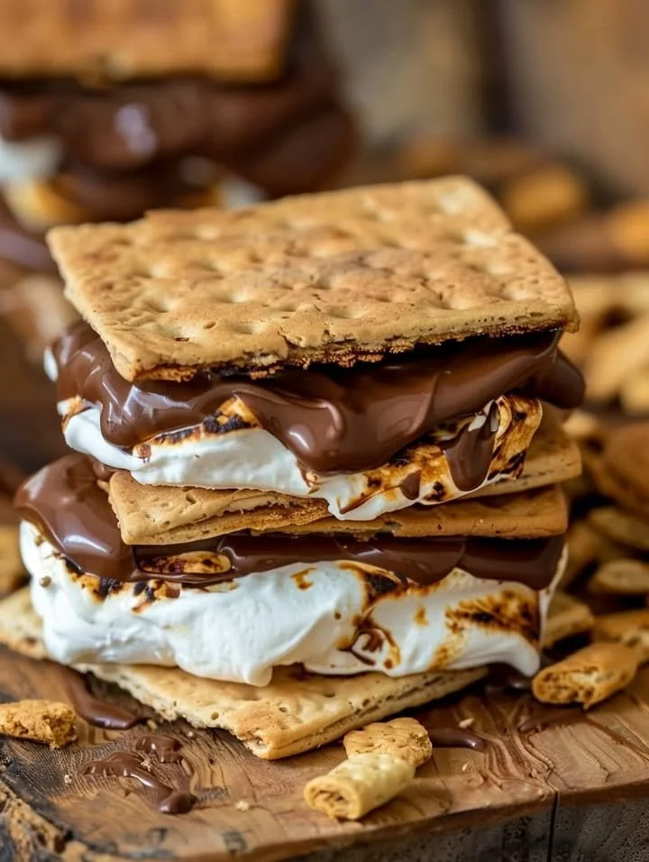 Delicious campfire s'mores with melted chocolate and toasted marshmallows on graham crackers.