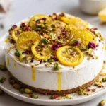 Candied lemon dish with whipped feta and pistachio-chili crumble garnish