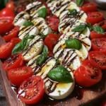 Fresh Caprese Salad with mozzarella, tomatoes, and basil on a plate.