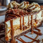 Delicious Caramel Chocolate Coffee Cheesecake topped with creamy caramel and chocolate drizzle
