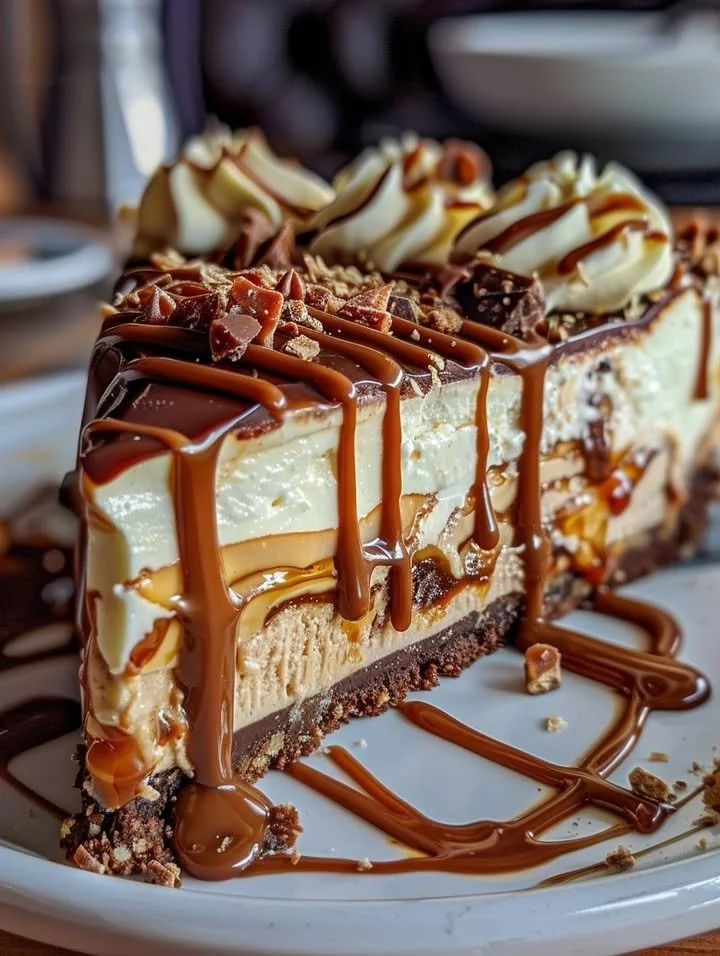 Delicious Caramel Chocolate Coffee Cheesecake topped with creamy caramel and chocolate drizzle