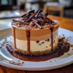 A delicious caramel chocolate coffee cheesecake mousse served in a dessert cup.