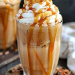Perfectly blended Caramel Frappuccino topped with whipped cream and caramel drizzle