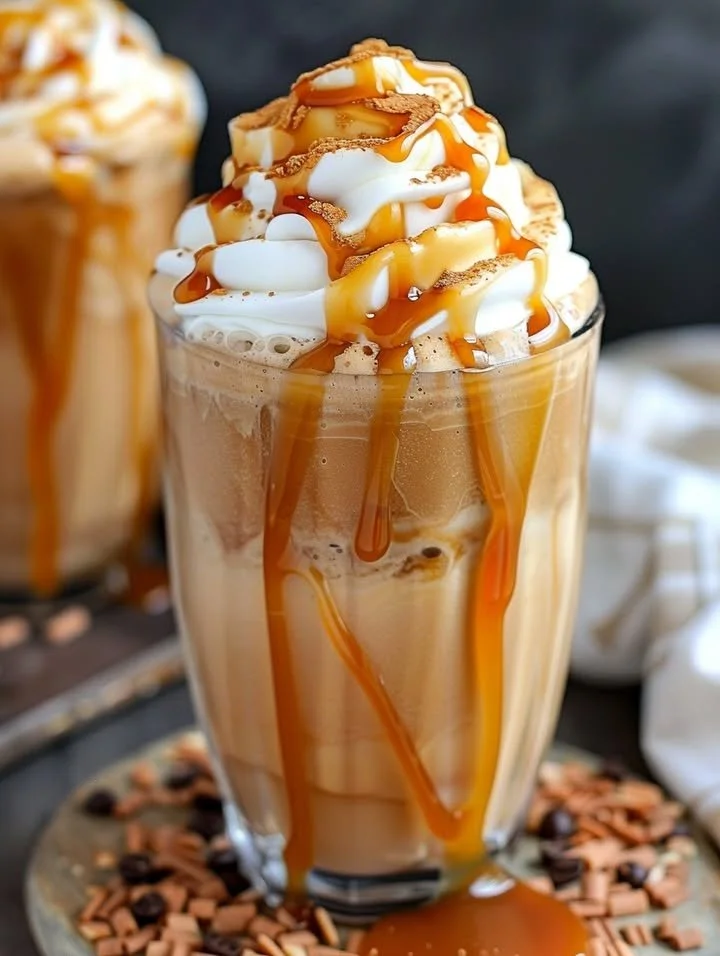 Perfectly blended Caramel Frappuccino topped with whipped cream and caramel drizzle