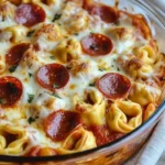 Cheese Tortellini Pepperoni Pizza Casserole baked in a serving dish