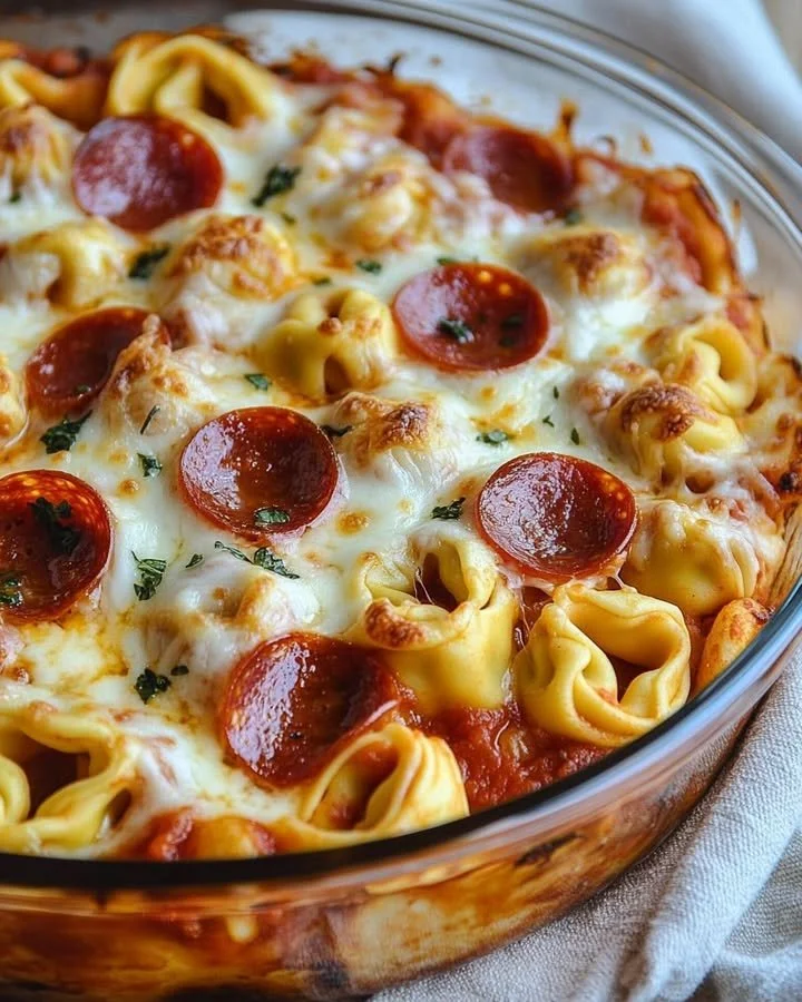 Cheese Tortellini Pepperoni Pizza Casserole baked in a serving dish