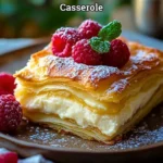 Cheesecake Crescent Rolls Casserole topped with strawberries and whipped cream.