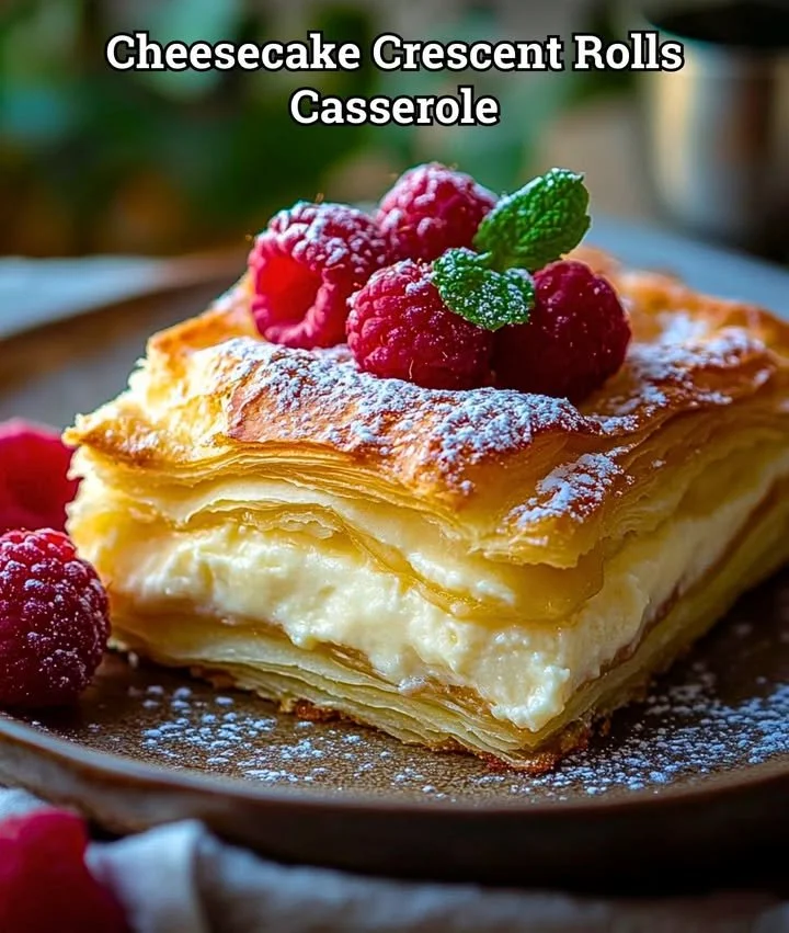 Cheesecake Crescent Rolls Casserole topped with strawberries and whipped cream.