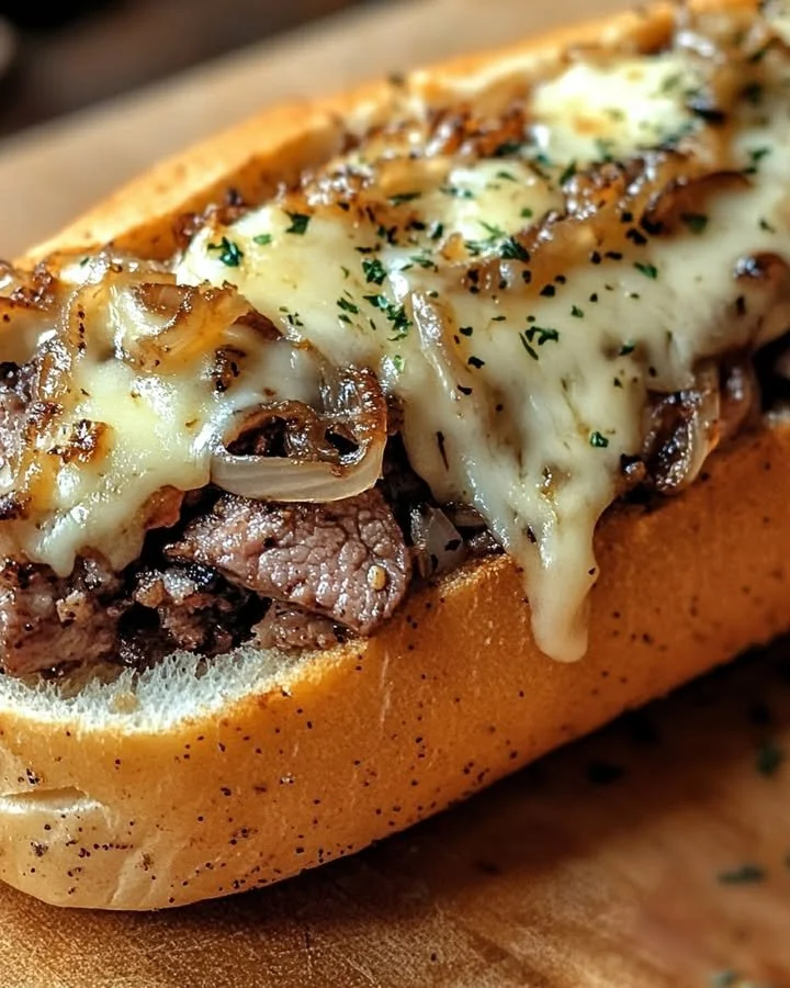 Delicious cheesesteak served on garlic parmesan bread topped with fresh ingredients.