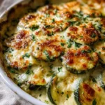Delicious cheesy baked zucchini gratin dish served hot and bubbly