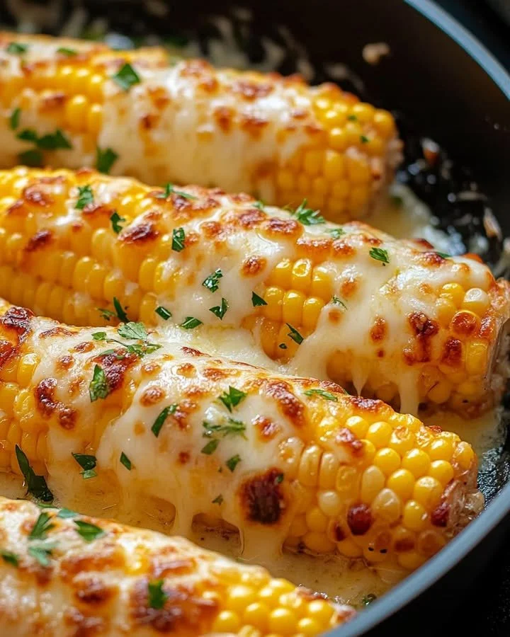 Delicious cheesy garlic butter corn served in a bowl with fresh herbs