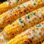 Delicious cheesy garlic butter corn on the cob served with fresh herbs.