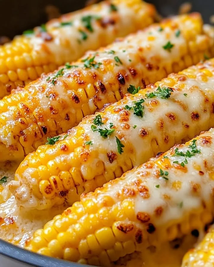Delicious cheesy garlic butter corn on the cob served with fresh herbs.