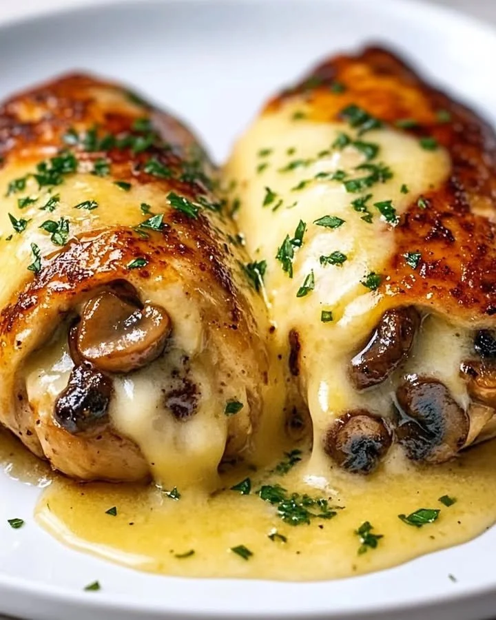 Cheesy garlic mushroom chicken rolls served on a plate