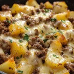 Cheesy ground beef and potato skillet served in a pan