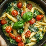 Cheesy Penne with Cherry Tomatoes, Spinach, and Broccoli dish