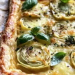 Cheesy puff pastry filled with artichokes and herbs, garnished for a savory dish.