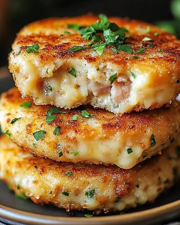 Cheesy tuna melt patties served on a plate with melted cheese