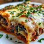 Cheesy vegan mushroom and spinach lasagna rolls served on a plate