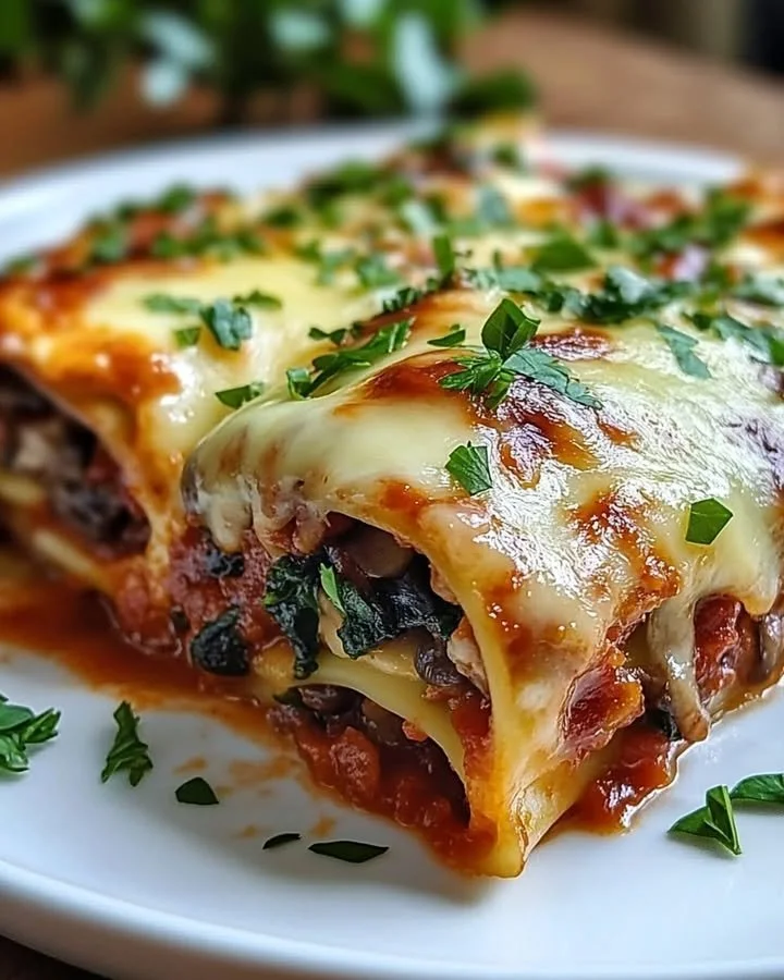 Cheesy vegan mushroom and spinach lasagna rolls served on a plate