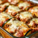 Cheesy zucchini lasagna roll-ups with marinara sauce on a plate