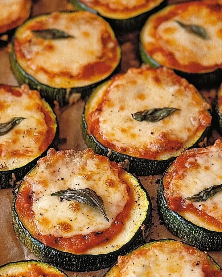 Cheesy zucchini pizzas topped with cheese and fresh ingredients