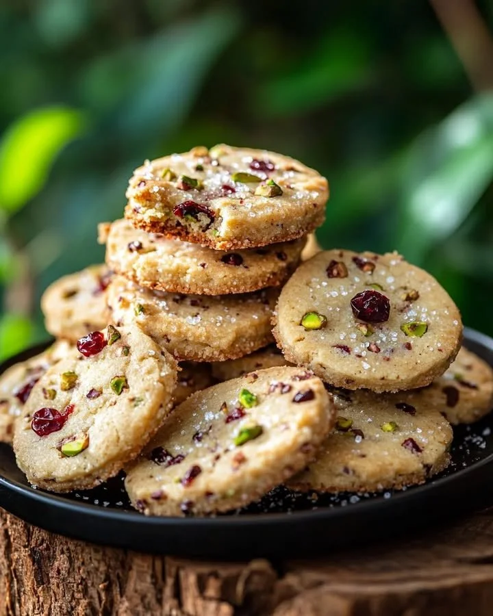 Cherry Pistachio Shortbread Cookies on a decorative plate