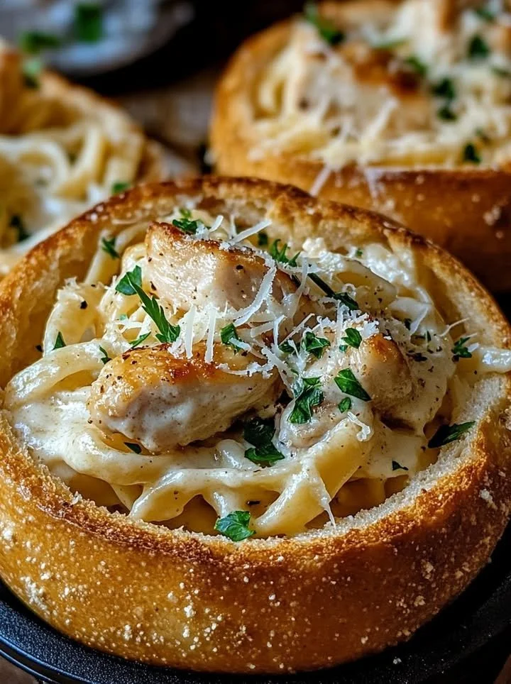 Chicken Alfredo Garlic Bread Bowl filled with creamy pasta and topped with herbs