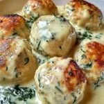 Chicken Ricotta Meatballs in Spinach Parmesan Sauce garnished with herbs