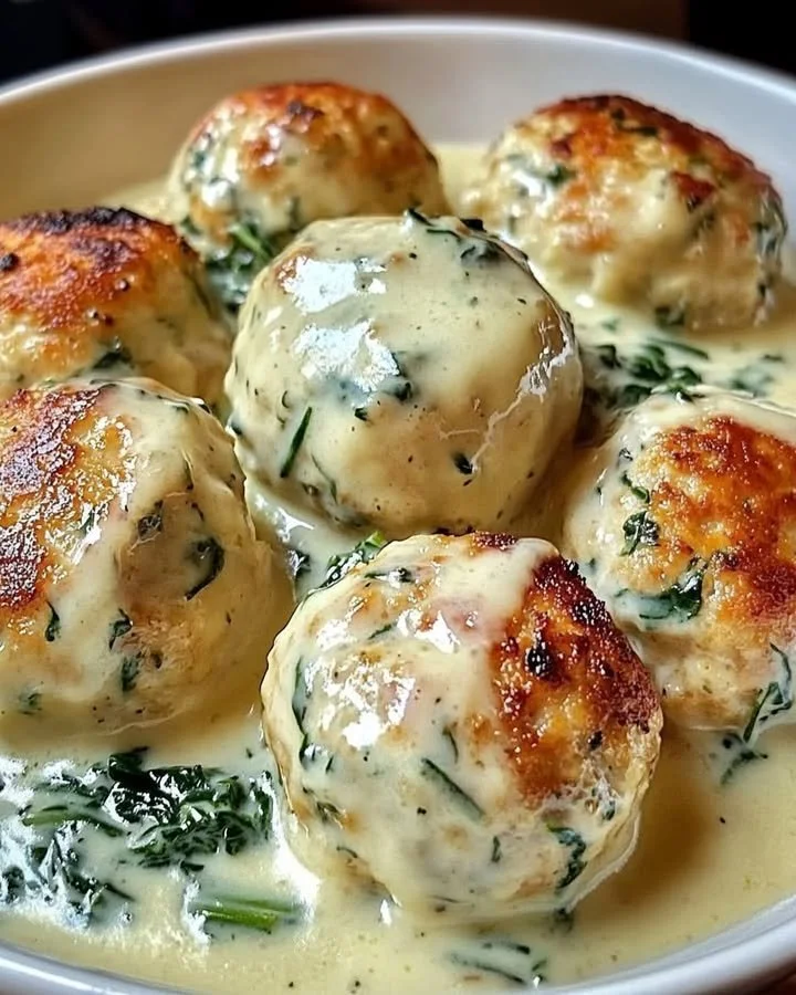 Chicken Ricotta Meatballs in Spinach Parmesan Sauce garnished with herbs