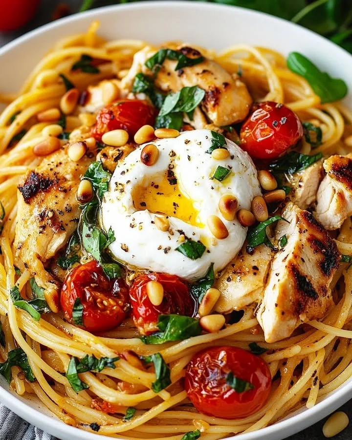 Creamy Chicken Spaghetti topped with Burrata Cheese for a delicious meal