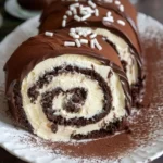 Chocolate cake roll dessert with rich chocolate filling, perfect for celebrations.
