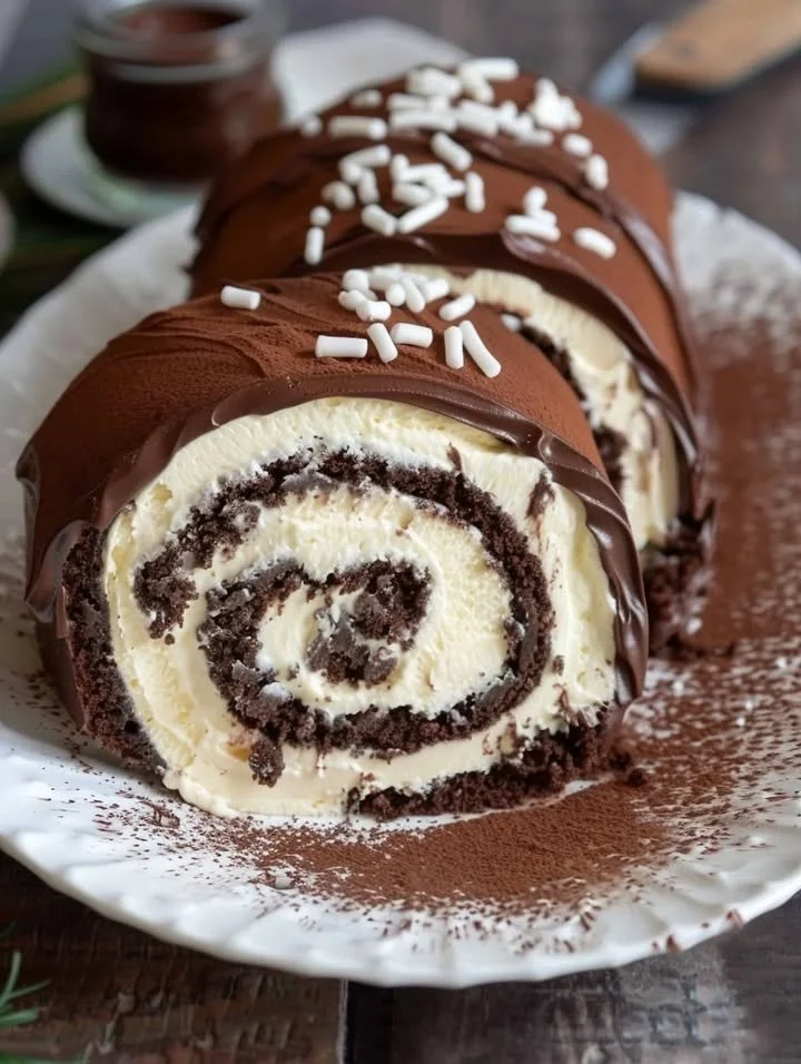 Chocolate cake roll dessert with rich chocolate filling, perfect for celebrations.