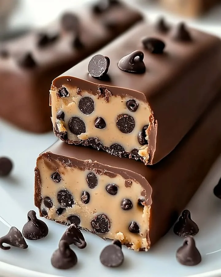No-bake chocolate chip cookie dough bars sliced on a plate