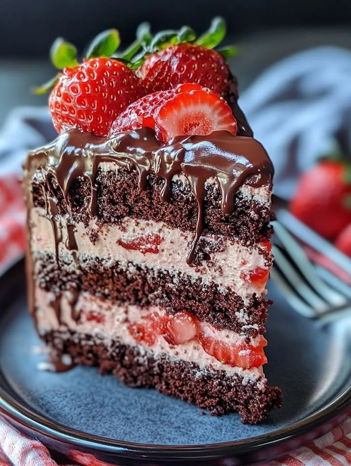 Delicious chocolate covered strawberry cake topped with fresh strawberries