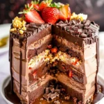Delicious chocolate covered strawberry ice cream layer cake with fresh strawberries.