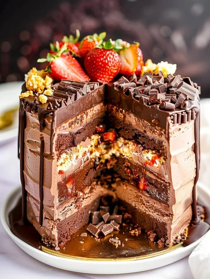 Delicious chocolate covered strawberry ice cream layer cake with fresh strawberries.