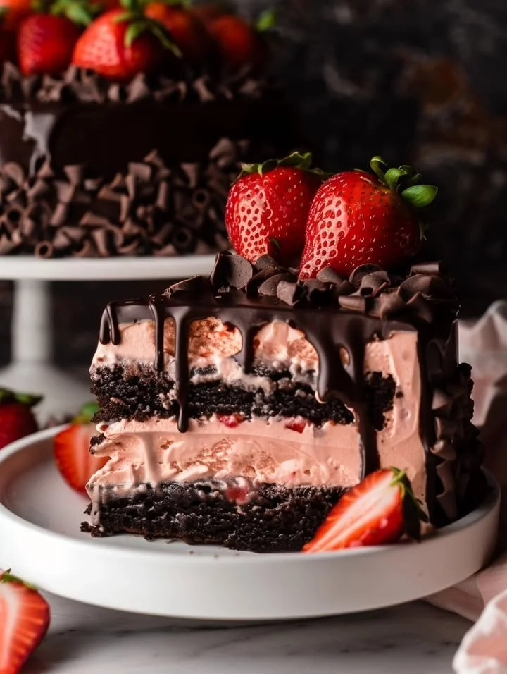 Delicious Chocolate Covered Strawberry Ice Cream Layer Cake with fresh strawberries