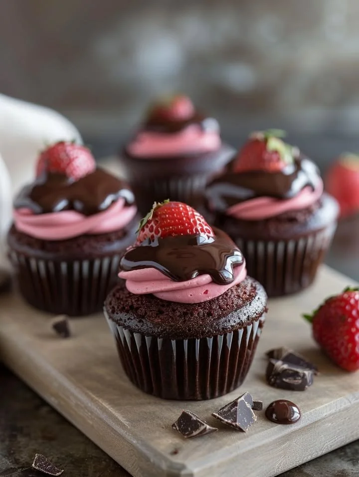 Delicious chocolate strawberry cupcakes with fresh strawberries on top