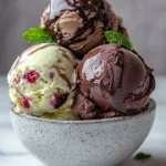 Bowl of creamy chocolate zucchini ice cream topped with chocolate shavings