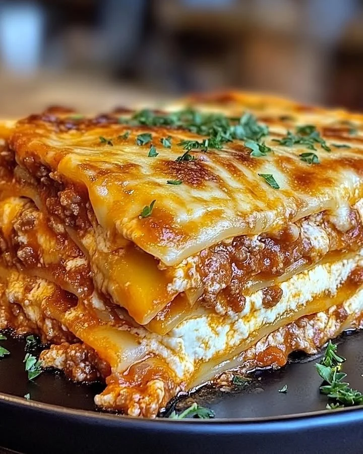 Classic beef lasagna with layers of meat, cheese, and pasta