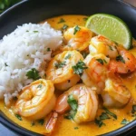 Delicious Coconut Curry Shrimp served with rice and vegetables